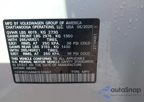 2021 Volkswagen Atlas 3.6L V6 Sel Premium R-Line z USA, uszkodzony, nr VIN 1V2FR2CA6MC510307